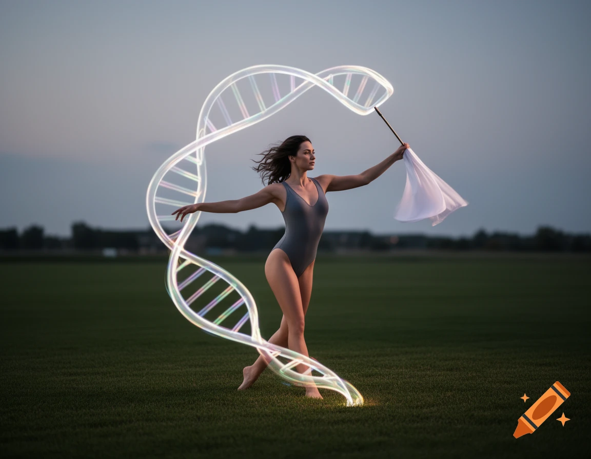 A woman in a grey leotard dances in a grassy field at dusk, swirling a flag and leaving a glowing DNA helix trail.