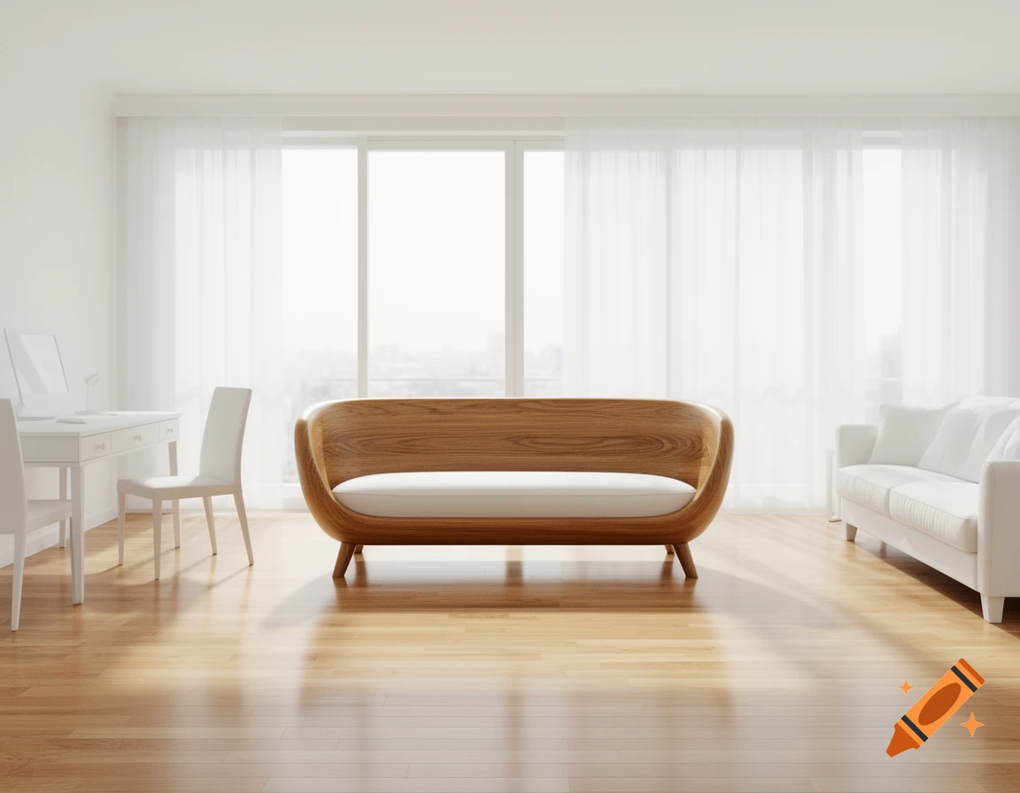 Photorealistic image of a bright room with a wooden sofa, a white sofa, a white desk, and light wooden floors.
