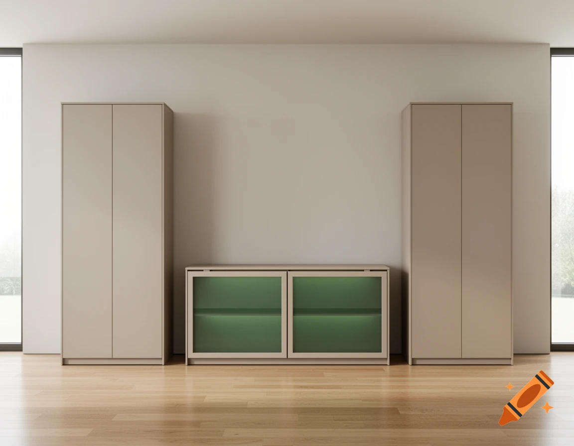 A modern room featuring two tall beige wardrobes on either side of a green-glass sideboard, all resting on a light wooden floor.