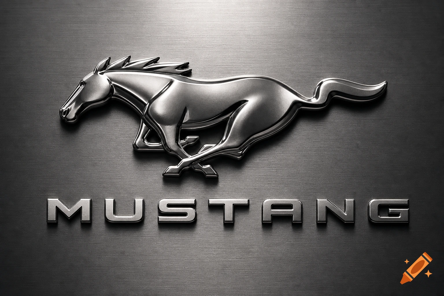 A close-up of a metallic silver Ford Mustang emblem and 'MUSTANG' text on a brushed metal background.
