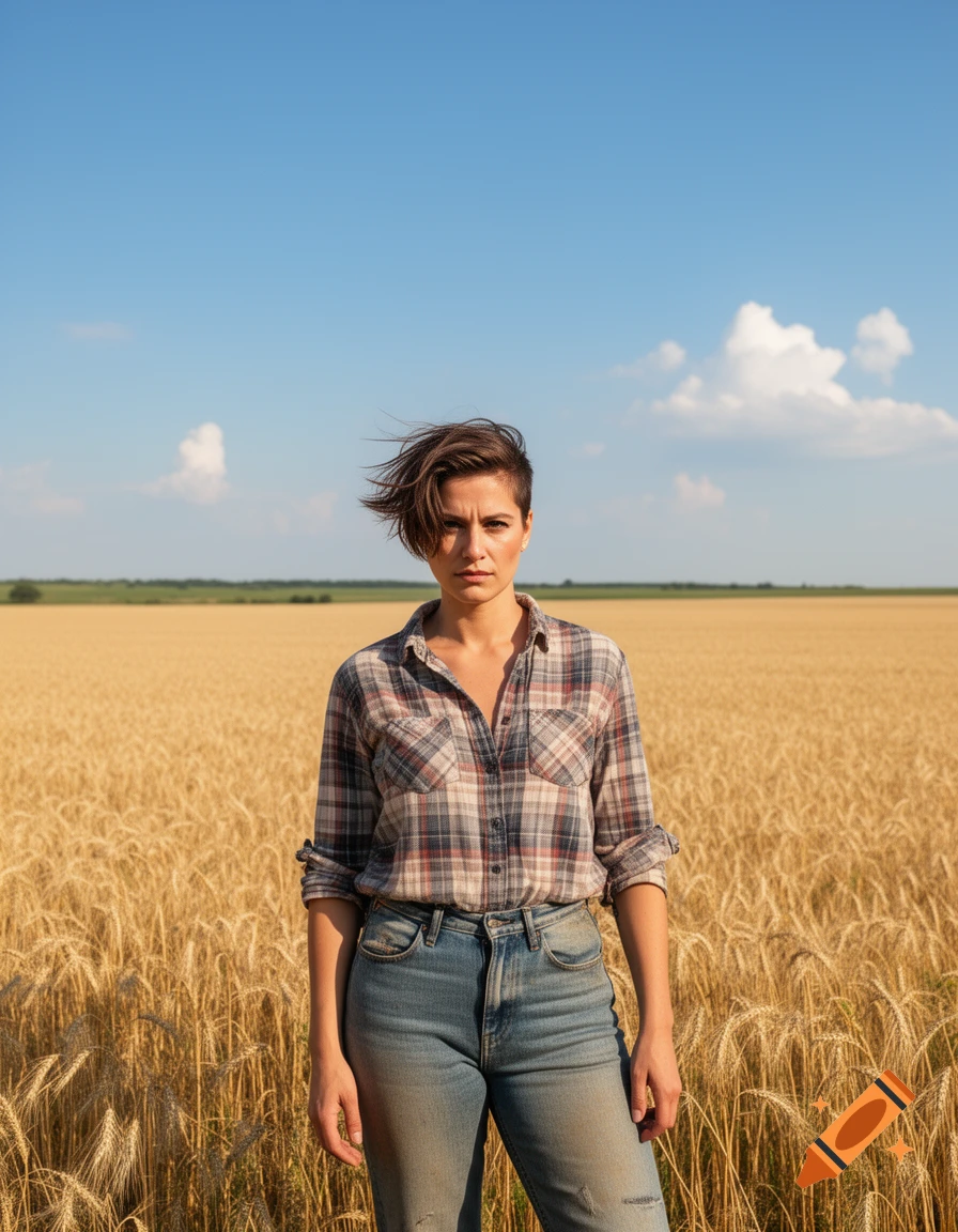 A woman with short hair and a plaid shirt stands in a sunlit wheat field under a blue sky.