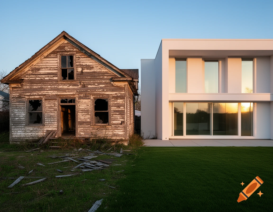A photorealistic image showing a rundown, weathered wooden house beside a sleek, white modern house on a green lawn at sunset.