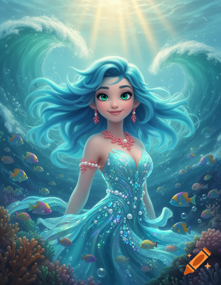 Animated blue-haired sea creature in a sparkly dress, smiling underwater among coral and colorful fish.