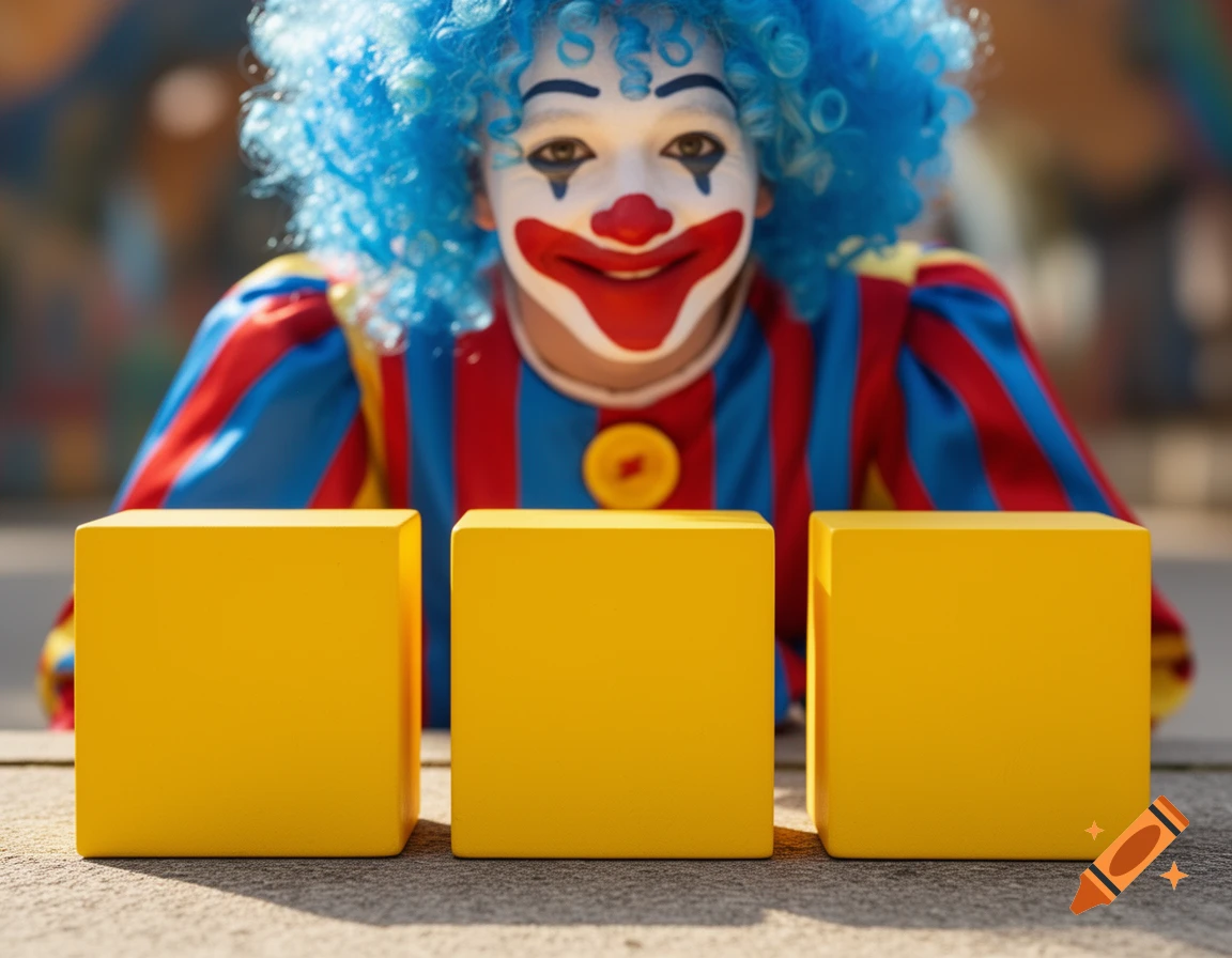 A colorful clown with a blue wig and painted face peeks from behind three bright yellow blocks in the foreground.