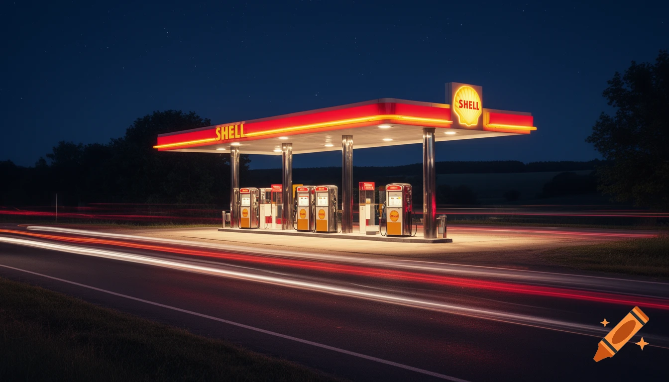 Photorealistic night scene of a retro Shell gas station with bright lights, seen from a highway with long exposure light trails.