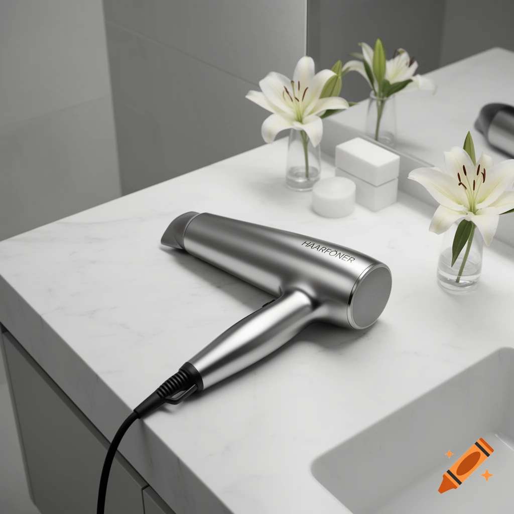 Photorealistic image of a sleek silver hairdryer on a white marble bathroom counter with white lilies in vases next to a sink.