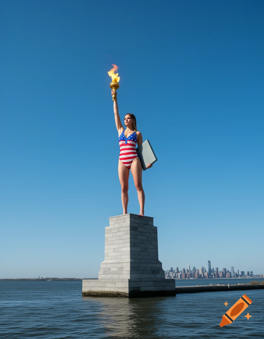 A photorealistic image of a woman in an American flag swimsuit on a monument pedestal in New York Harbor, holding a torch and a tablet, with the Manhattan skyline in the background.