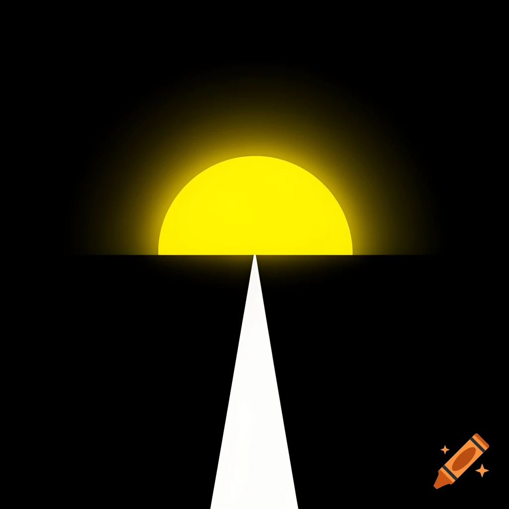 Minimalist graphic design of a bright yellow sun rising above a black horizon, with a white path leading towards it.