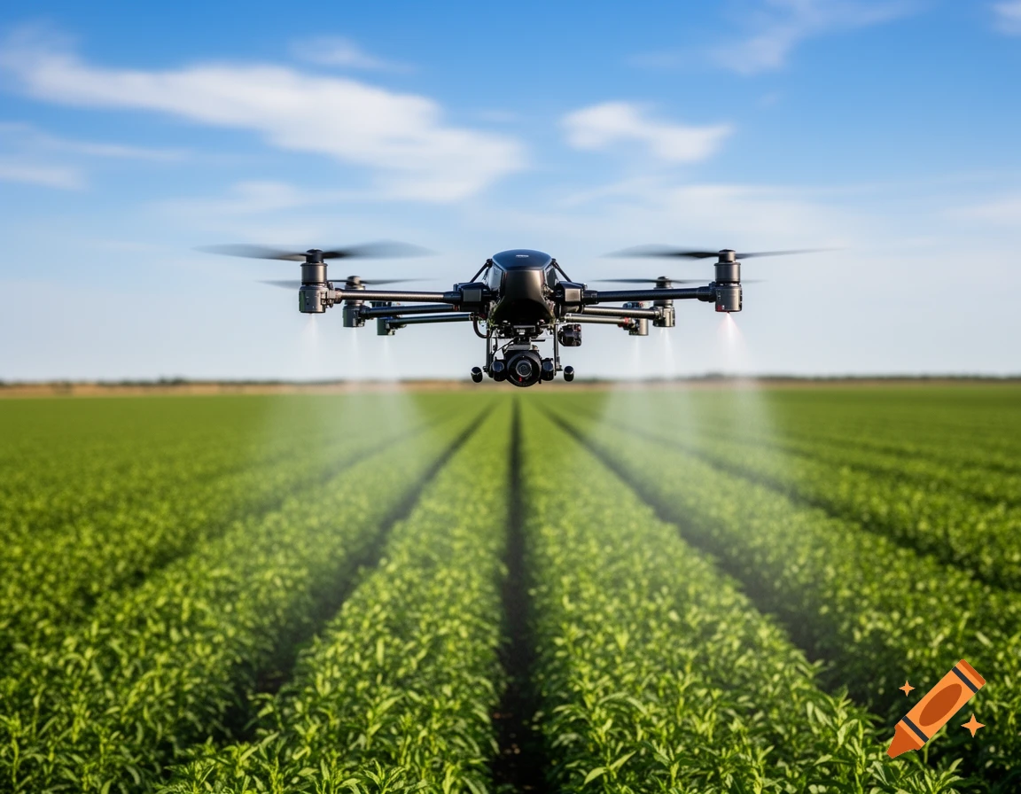 A black drone sprays a green crop field under a blue sky.
