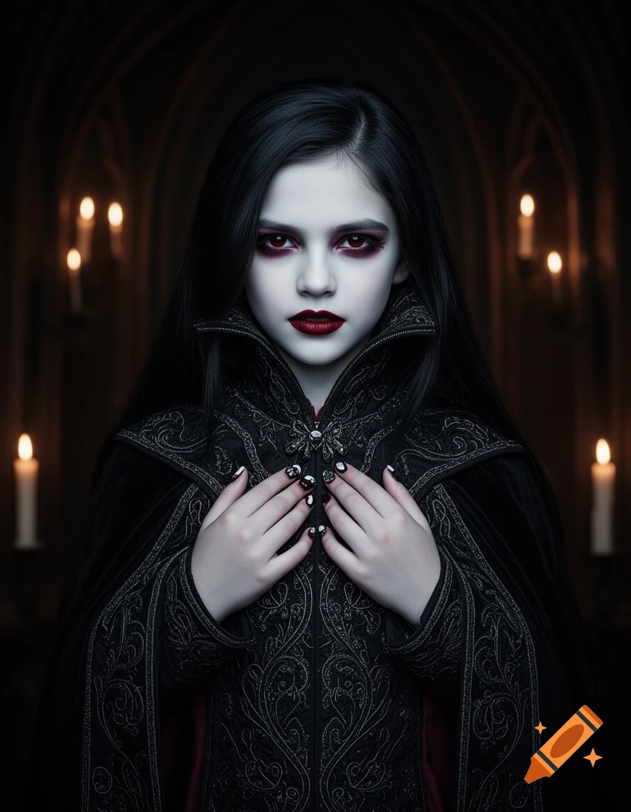 A young person with pale skin and dark makeup, dressed as a vampire in an ornate black gown, stands in a candlelit gothic setting.