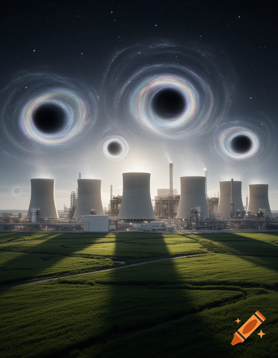 Photorealistic nuclear cooling towers stand in a green field under a starry sky with five colorful black holes.