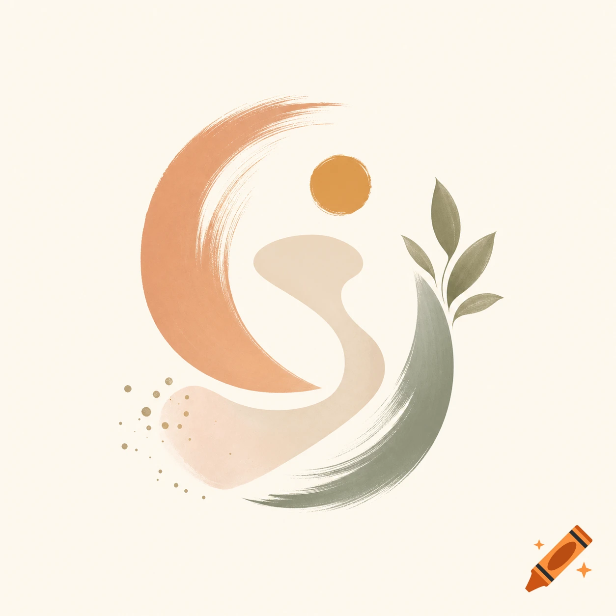 Abstract minimalist logo with orange, beige, and green watercolor brushstrokes, a sun, and a leafy branch.