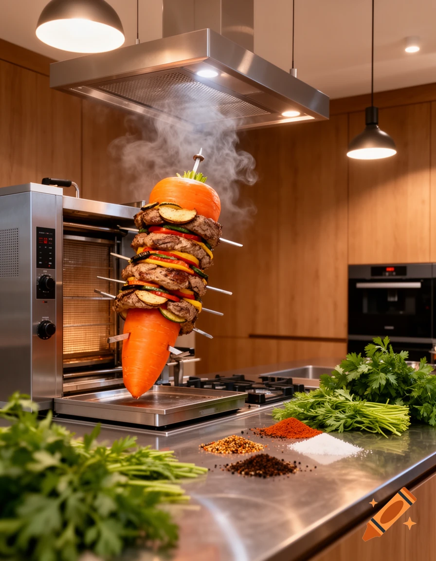 A giant carrot topped with layers of grilled meat and vegetables rotates on a vertical spit in a modern kitchen, with spices and fresh parsley on the counter.