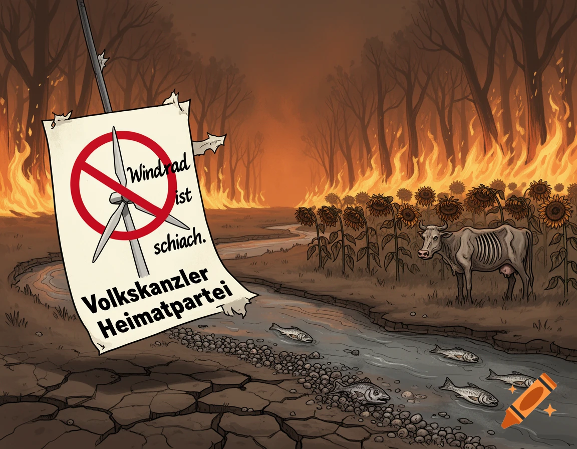 A cartoon showing a dystopian landscape with a burning forest and dried-up river. A sign in the foreground reads "Windrad ist schiach. Volkskanzler Heimatpartei" with a wind turbine crossed out.
