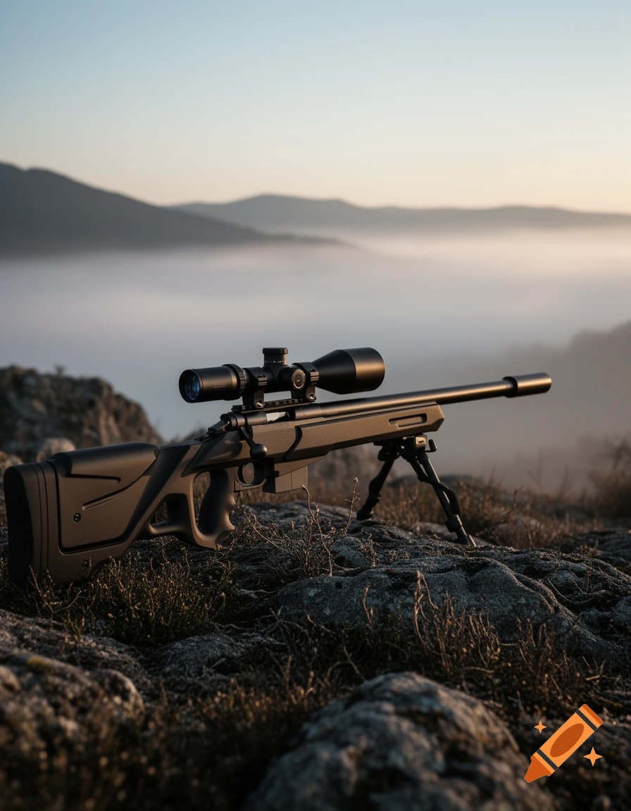 A dark grey sniper rifle with a scope and bipod rests on a rocky outcrop overlooking a misty valley at sunrise.