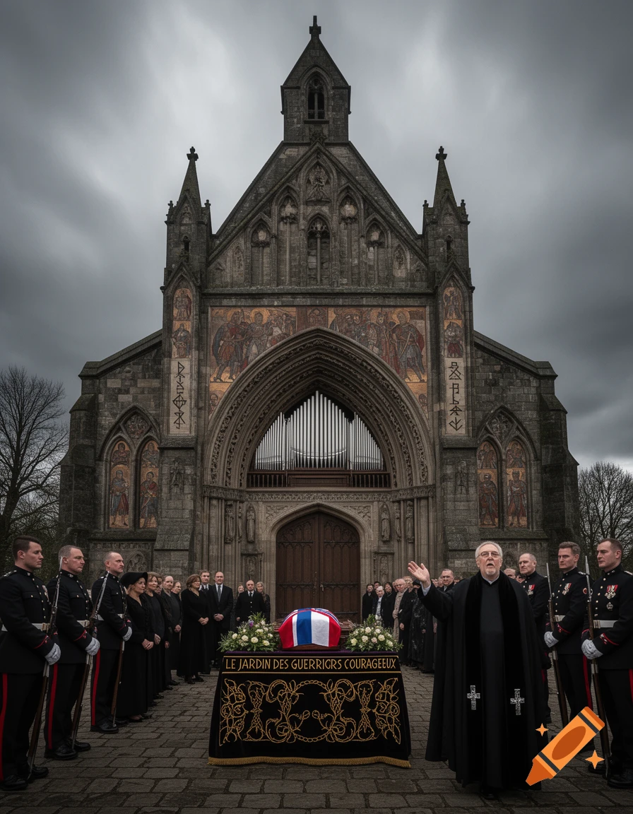 Funeral ceremony outside a grand gothic church. Soldiers, mourners, and a priest gather around a coffin with a national flag under a dark sky.