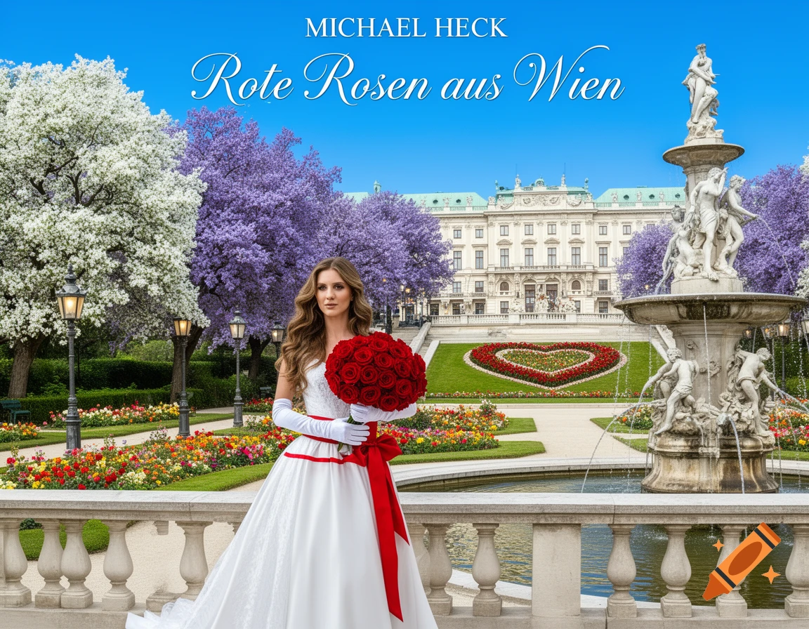 Woman in white dress with red roses on a balcony overlooking a grand park with a palace, fountain, and heart-shaped flowerbed. Text: MICHAEL HECK Rote Rosen aus Wien.