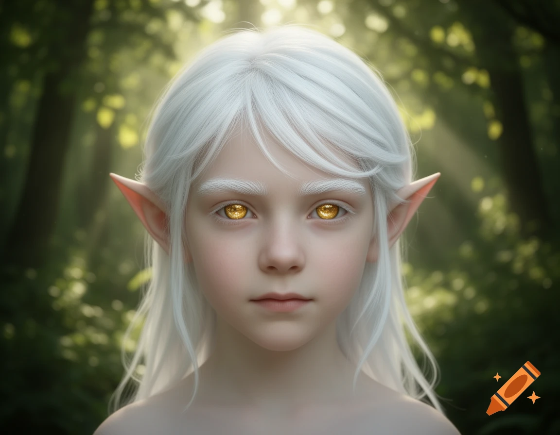 A portrait of a young elf with white hair, pointed ears, and golden eyes, looking directly forward against a blurred green forest background.
