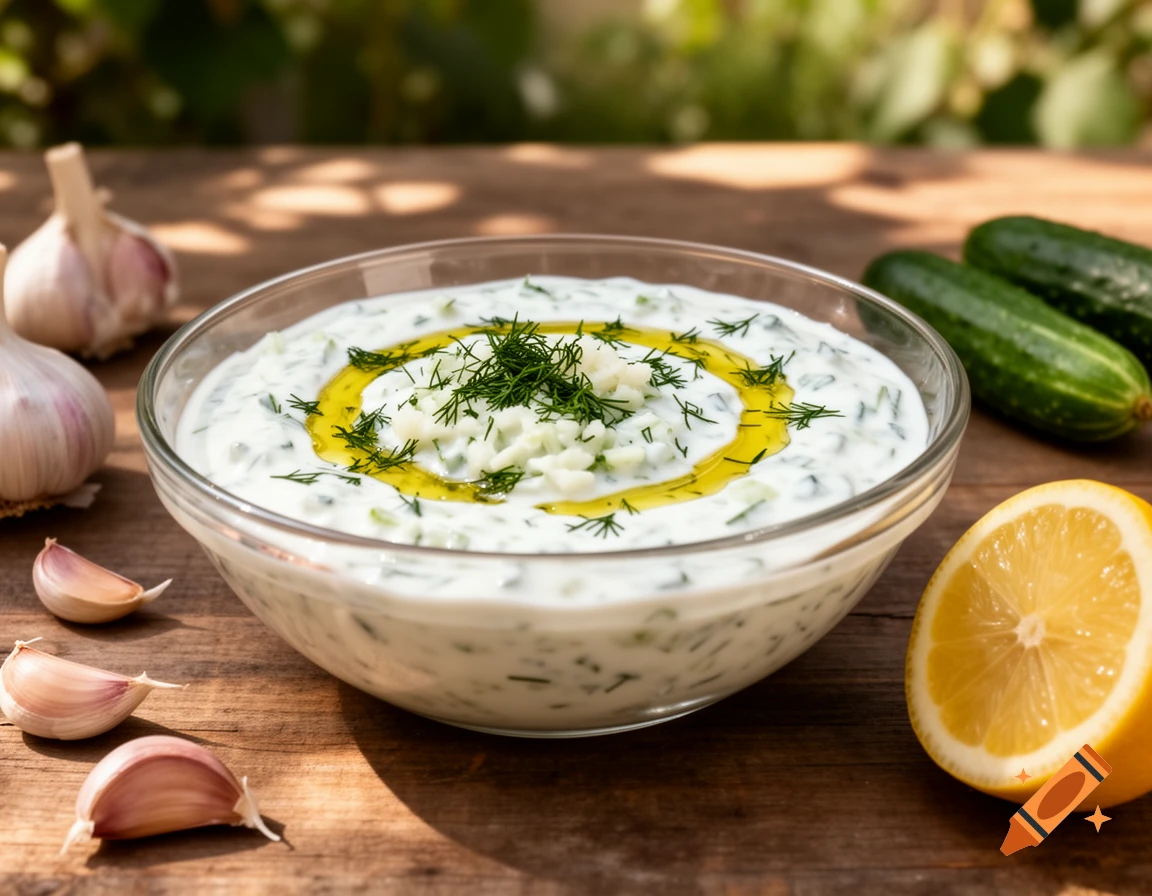 Photorealistic tzatziki in a glass bowl with olive oil and dill, surrounded by garlic, cucumbers, and lemon on a wooden table.