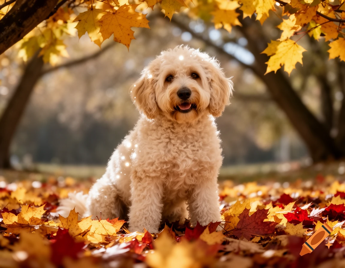 A fluffy light-colored dog sits in a pile of vibrant red and yellow autumn leaves, looking directly at the viewer.