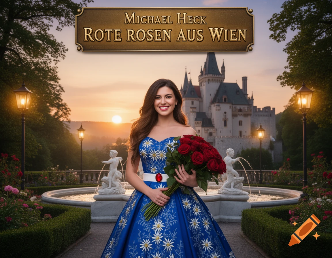 A smiling woman in a blue dress holds red roses in a formal park with a castle and sunset behind her. A banner reads "Michael Heck ROTE ROSEN AUS WIEN".