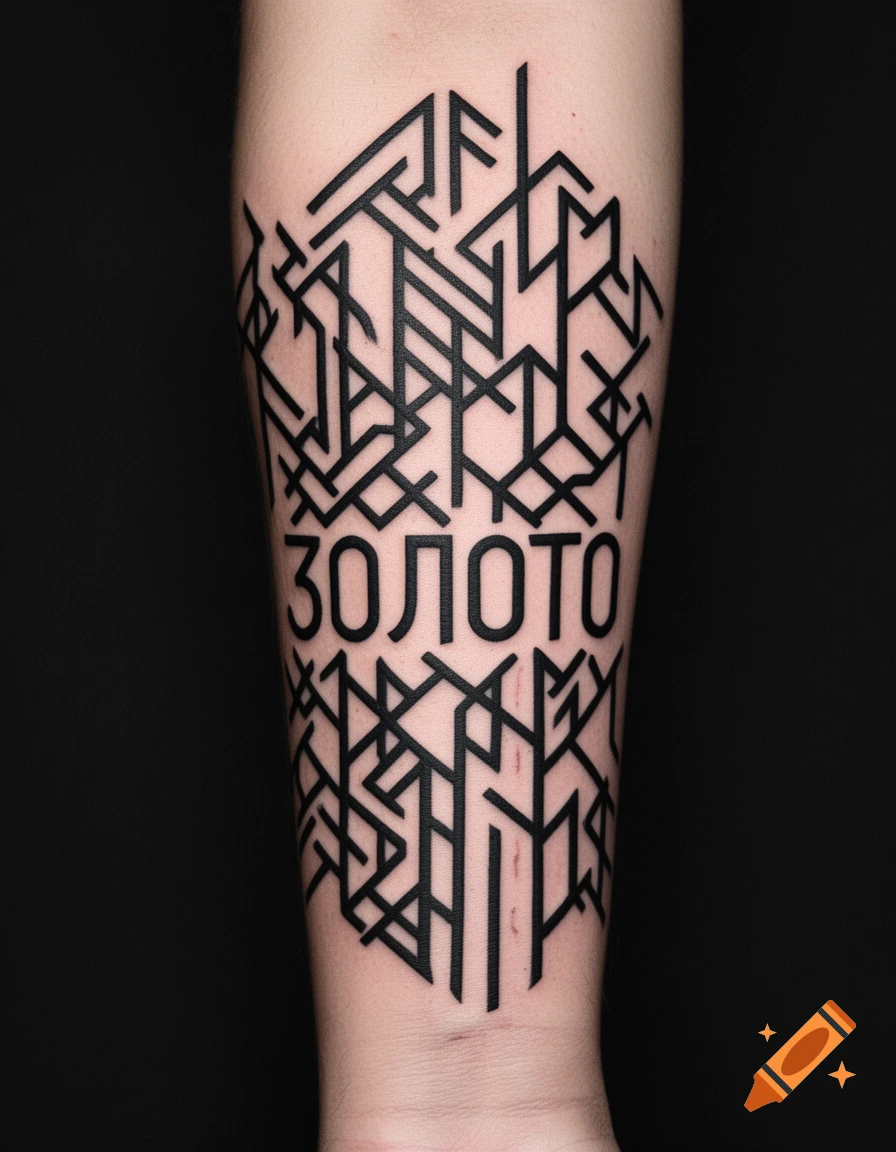 A black geometric tattoo spelling "ЗОЛОТО" (gold) with abstract neo-runic lines on a forearm, in a minimalist style.