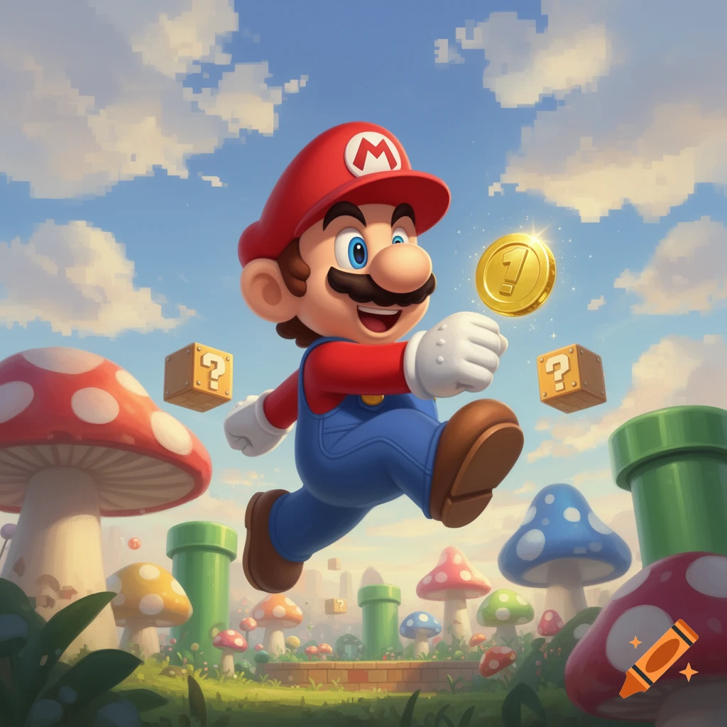 Mario jumps through a vibrant, cartoonish Super Mario landscape with mushrooms, pipes, and floating question mark blocks, collecting a sparkling gold coin.