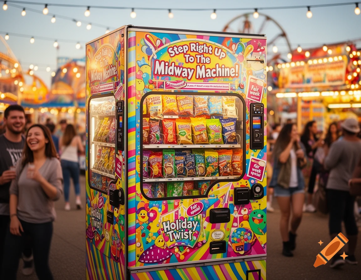 A vibrant 'Midway Machine' vending machine stocked with snacks at a lively carnival fairground with blurred people and string lights.