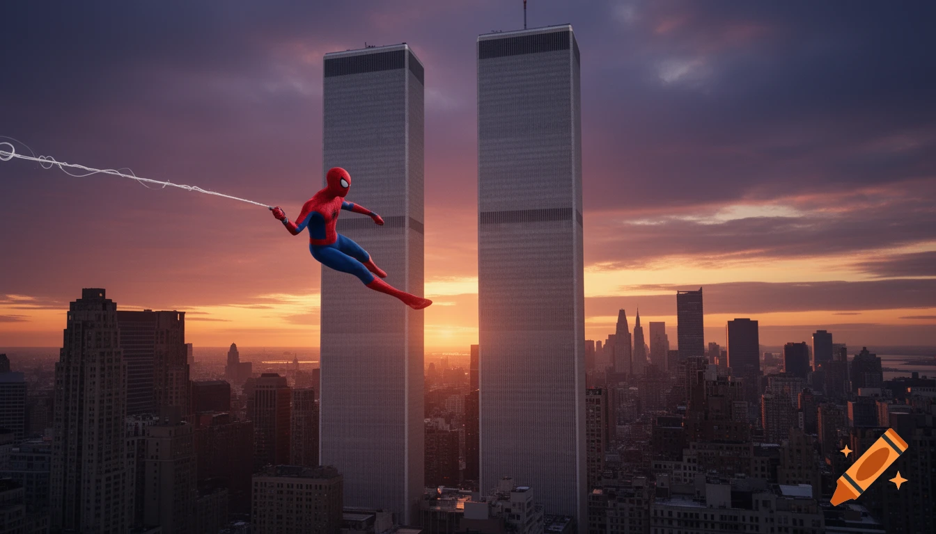 Photorealistic image of Spider-Man swinging past the Twin Towers at sunset with a city skyline below.
