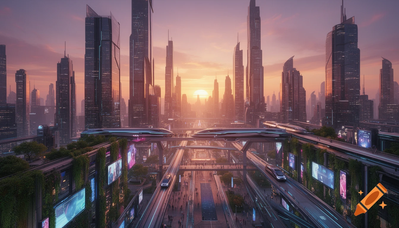 A vast futuristic cityscape at sunset, with sleek skyscrapers, elevated trains, and glowing digital billboards under a colorful sky.