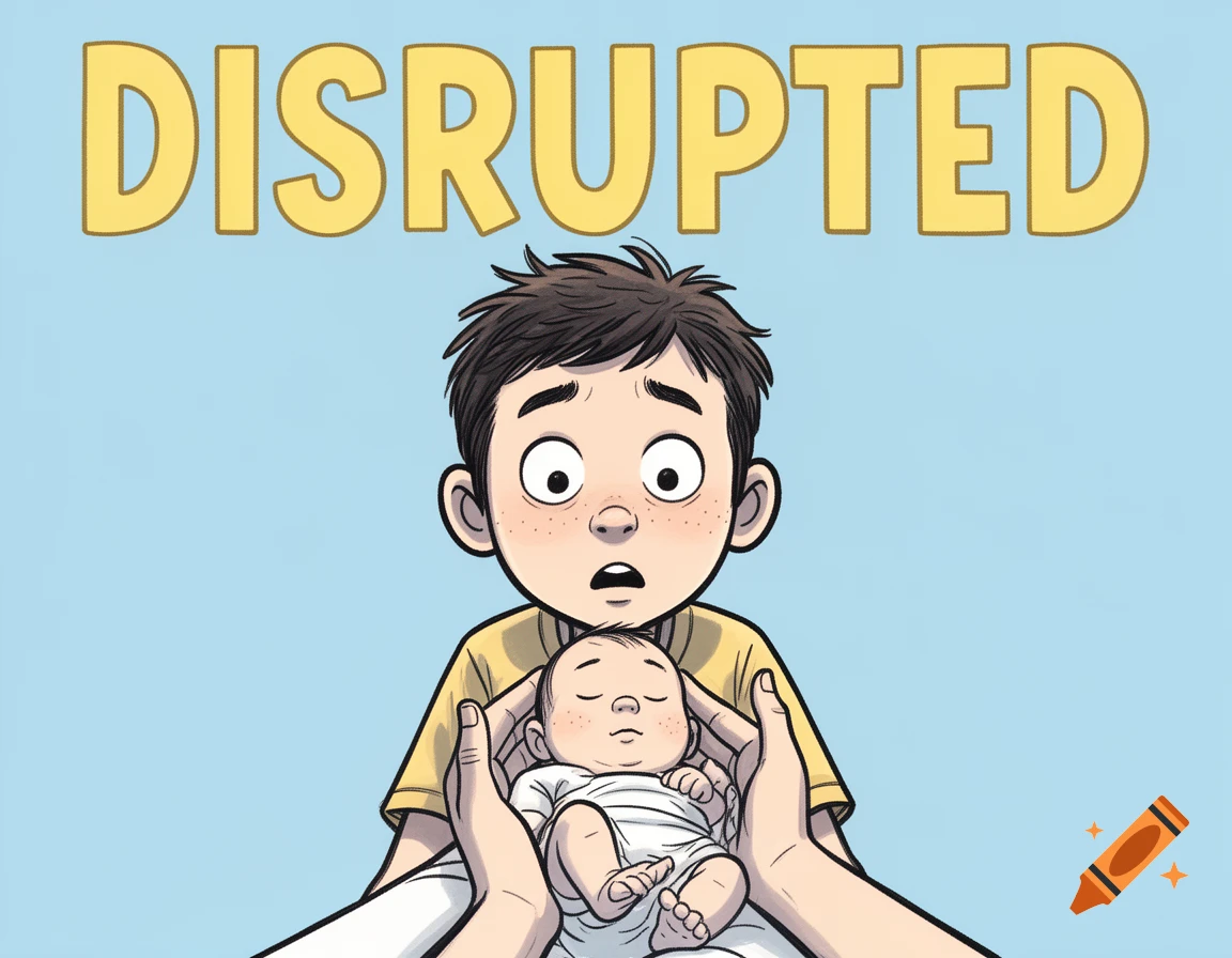 Comic illustration of a wide-eyed boy looking at a sleeping baby held in adult hands, with the word "DISRUPTED" above.