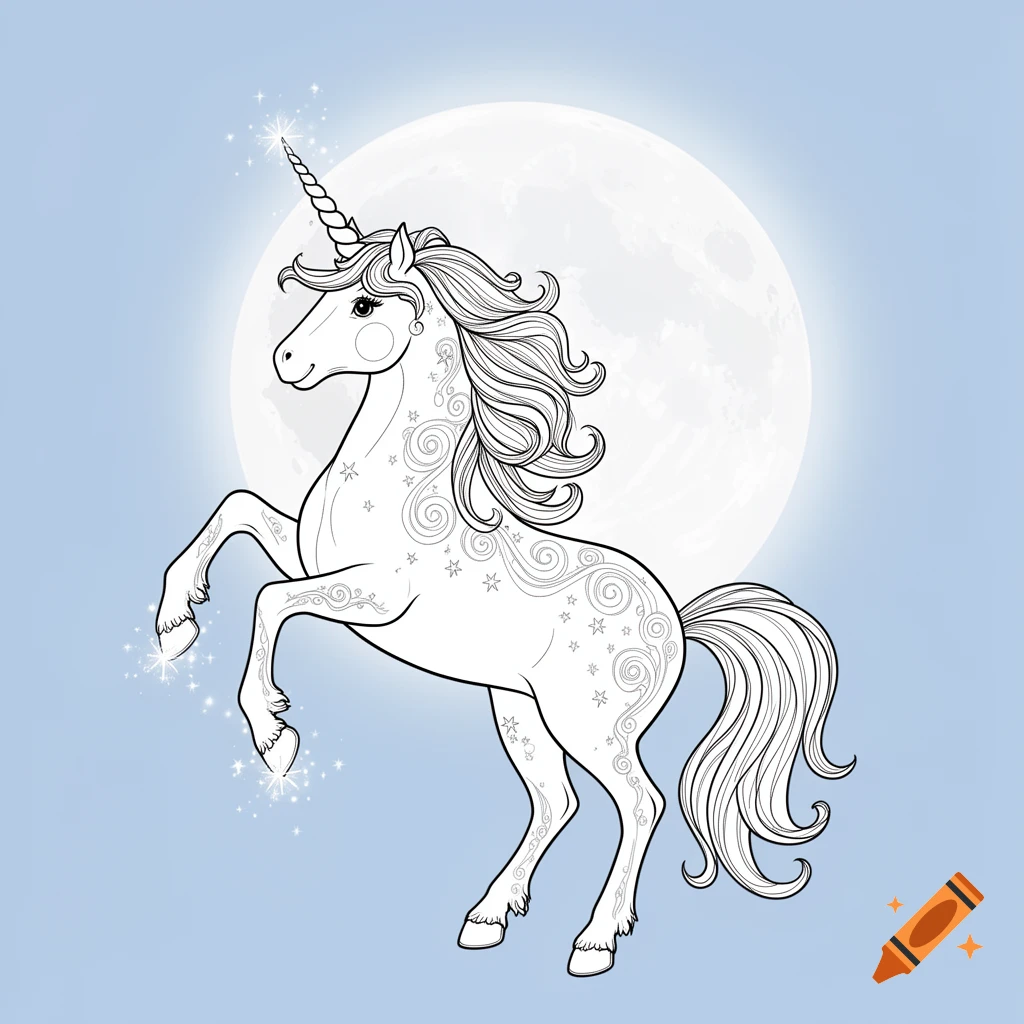 Line art coloring page of a majestic unicorn rearing on its hind legs, adorned with starry patterns, set against a full moon on a light blue background.