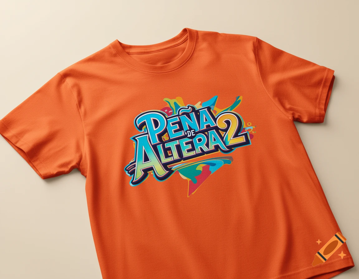 An orange t-shirt with a vibrant graphic design featuring the text "PEÑA DE ALTERA 2" in blue and green stylized letters.