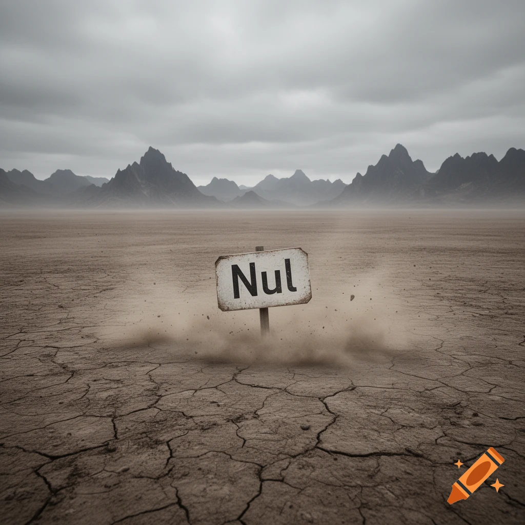 A rustic sign reading 'Nul' stands in a desolate, cracked desert with distant mountains and a cloudy sky, dust swirling around it.