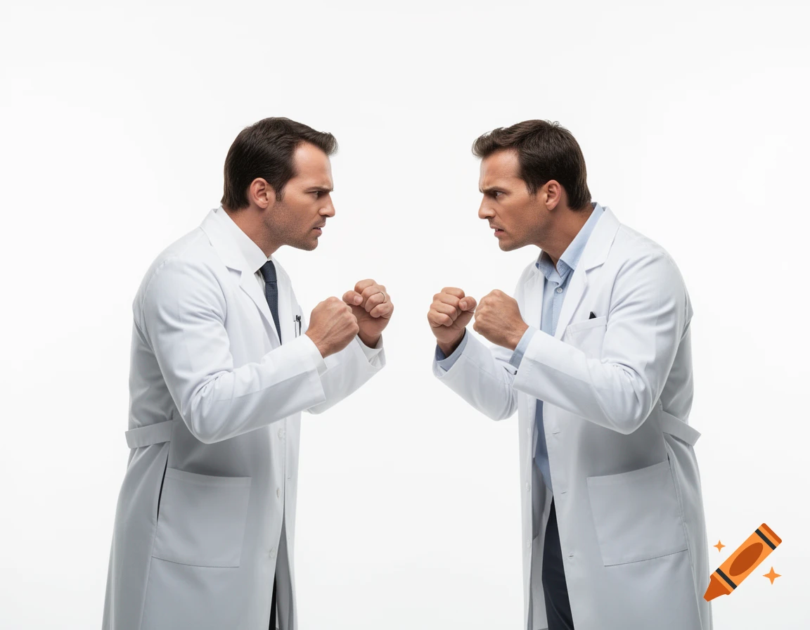 Two angry male doctors in white lab coats face off with clenched fists on a white background, ready to fight.