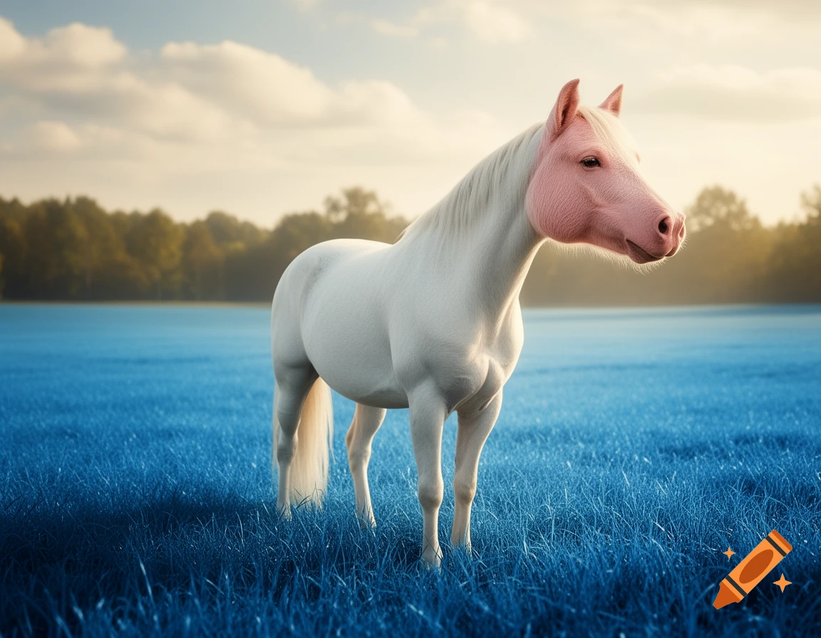 A white horse with a pink pig's head stands in a bright blue grassy field under a cloudy sky.