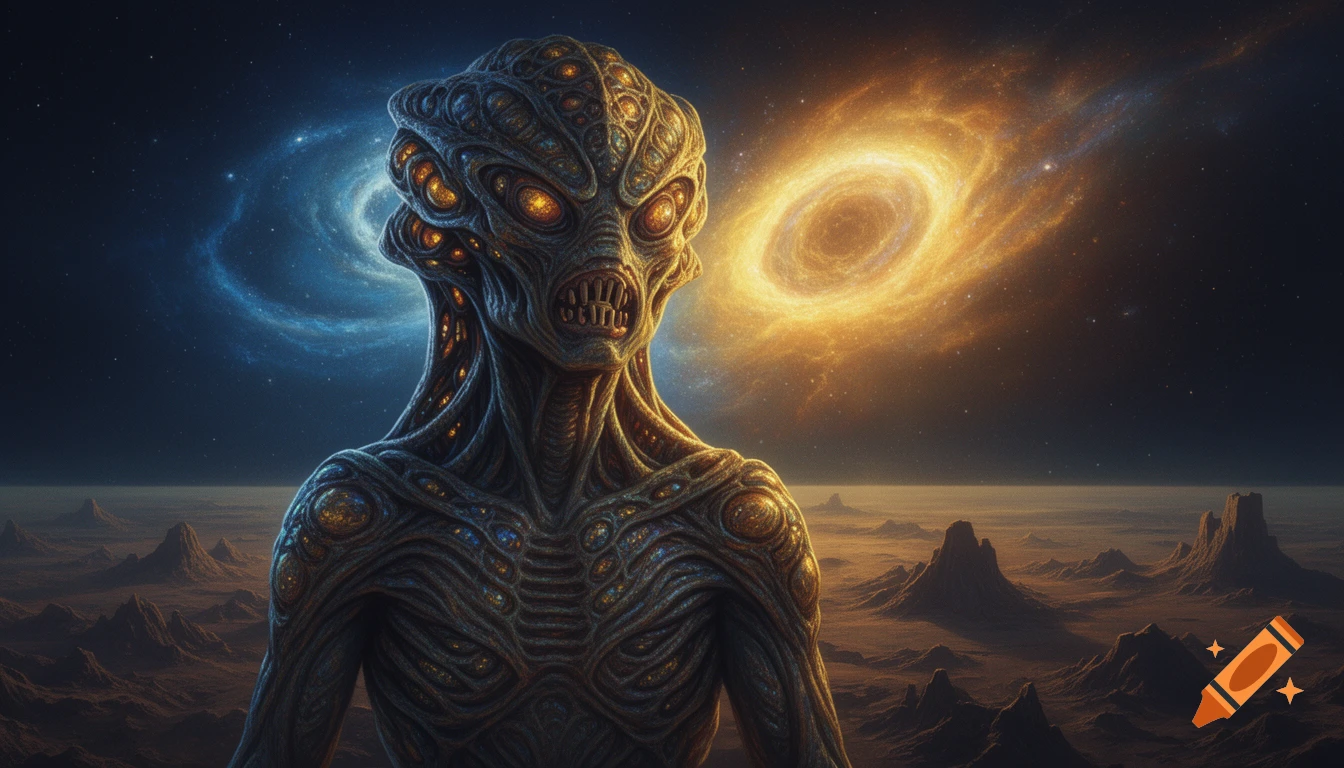 A detailed, monstrous alien with multiple glowing eyes and textured skin stands on a barren planet under cosmic skies with swirling blue and orange galaxies.
