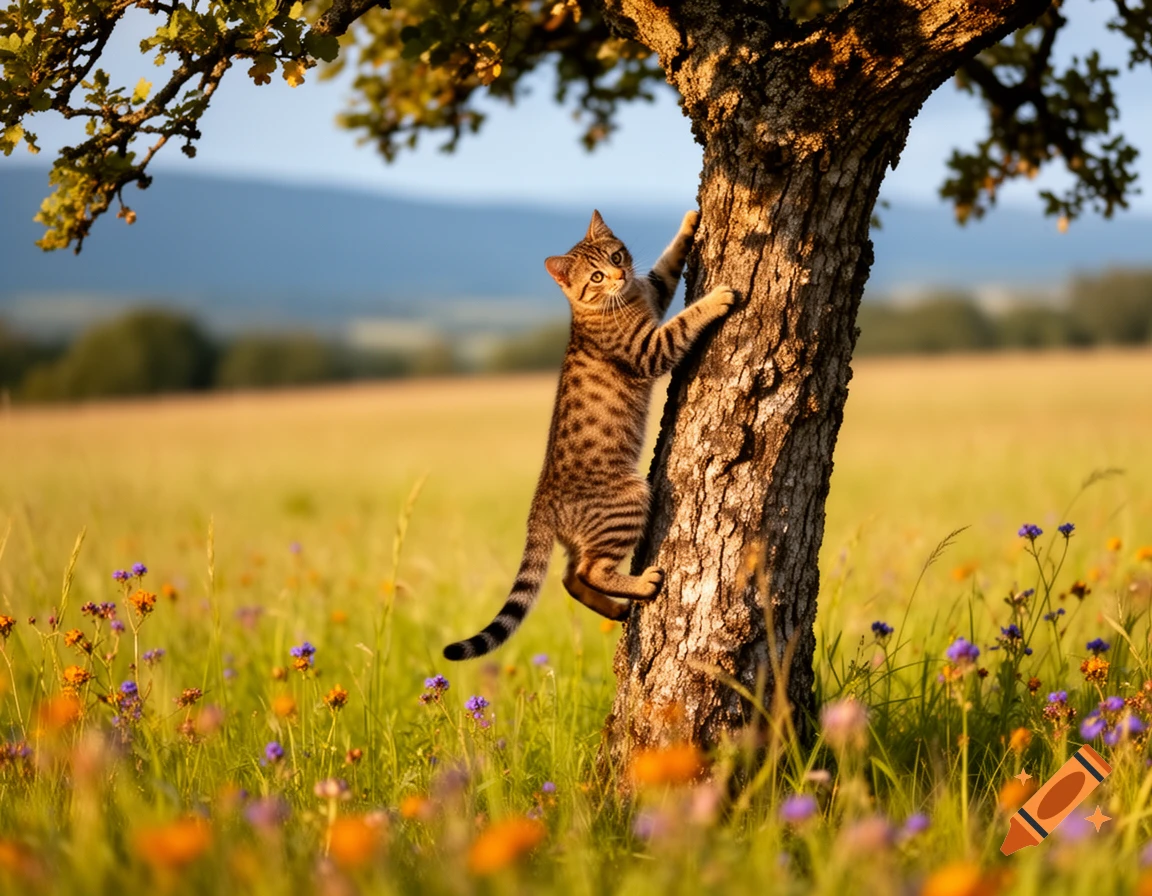 A photorealistic image of a tabby cat climbing a tree in a sunny meadow filled with wildflowers.