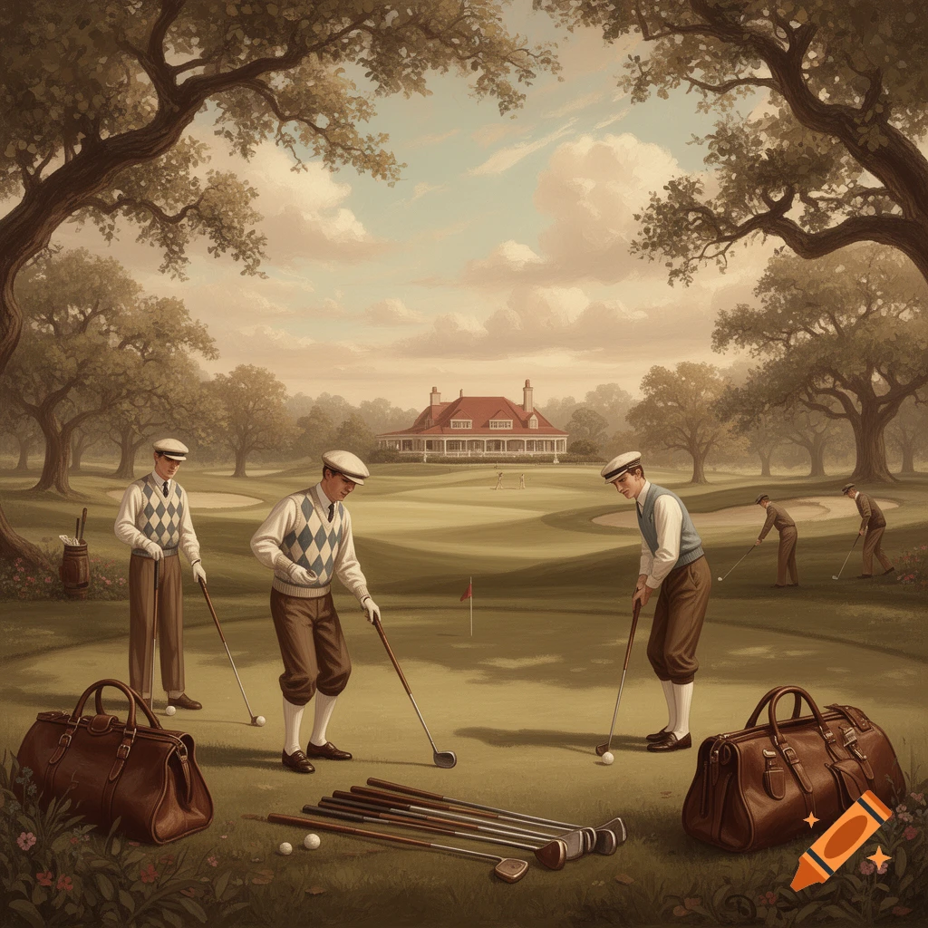 Vintage illustration of men playing golf on a course with a grand clubhouse, featuring golf bags and clubs in the foreground.