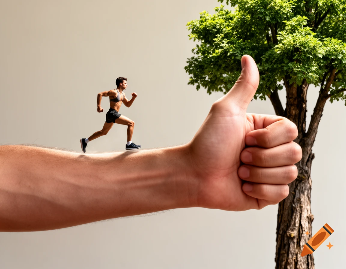 A tiny male runner in athletic wear jogs across a gigantic human forearm, which ends in a thumbs-up hand. A large green tree stands in the background.