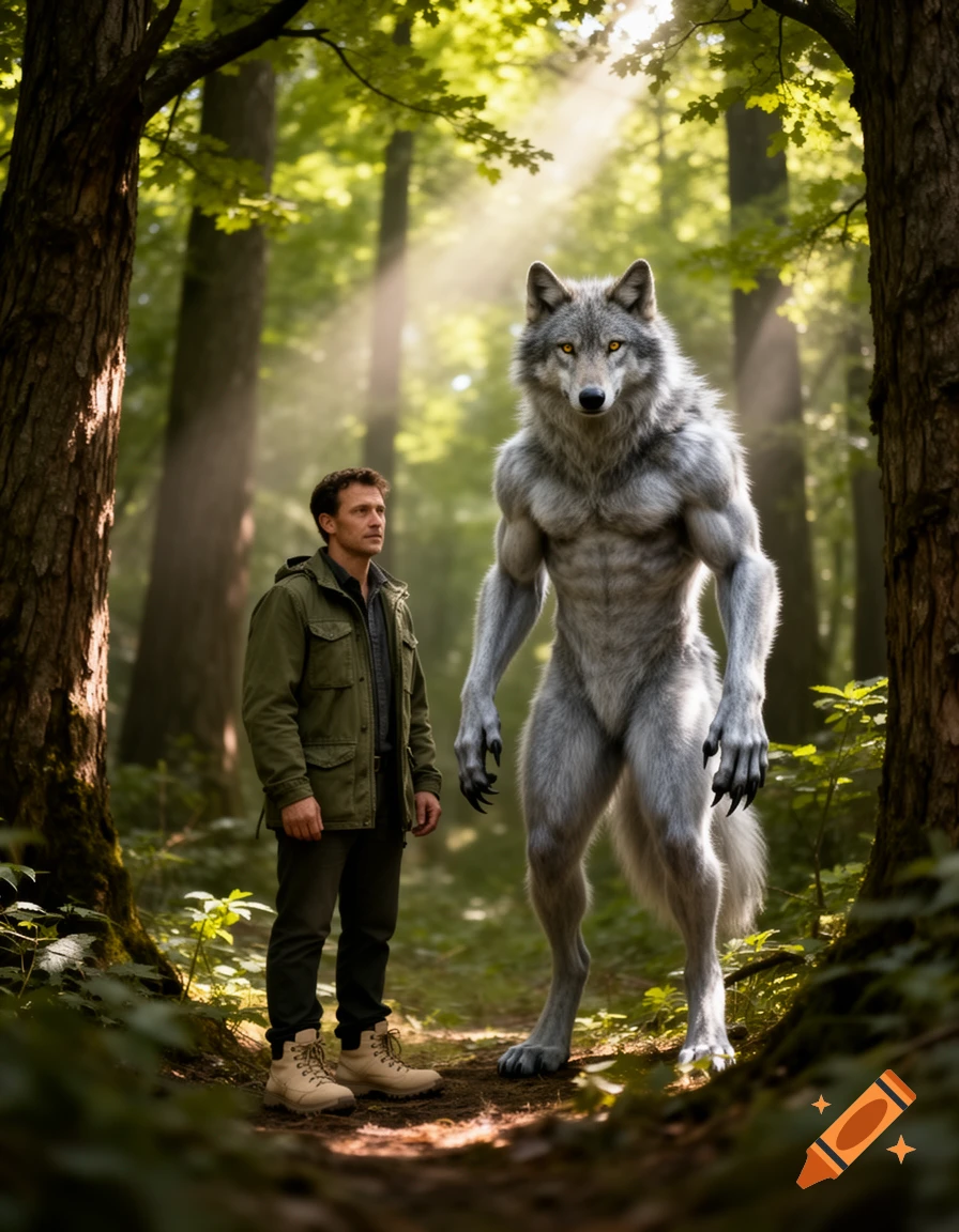 A man in a green jacket stands beside a tall, muscular, bipedal wolf-like creature with glowing eyes in a sunlit forest.