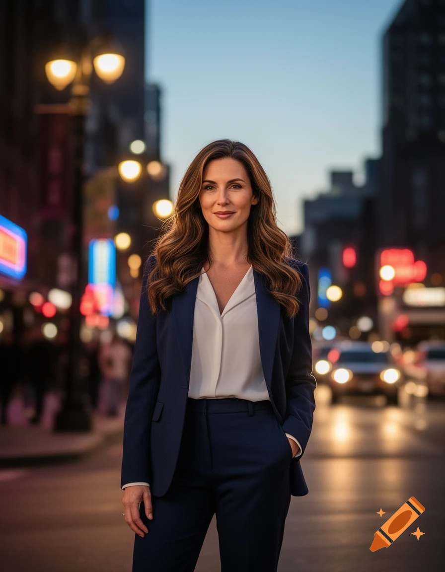 A professional woman in a navy suit stands on a city street at dusk, with blurred neon lights and cars in the background.