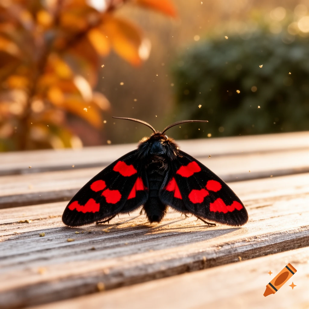 A black burnet moth with red spots rests on a wooden surface, with a warm, blurry autumn background.