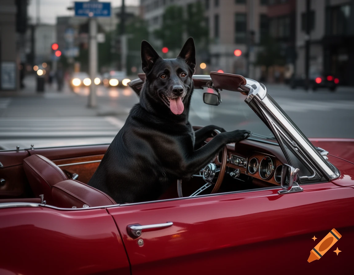 A black dog is driving a vintage red convertible car on a city street at dusk, looking forward with its tongue out.