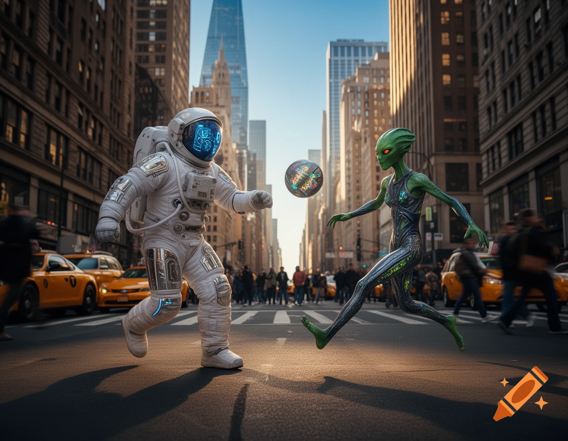 A photorealistic image of an astronaut and a green alien playing with a glowing ball in a bustling New York City street with yellow cabs.