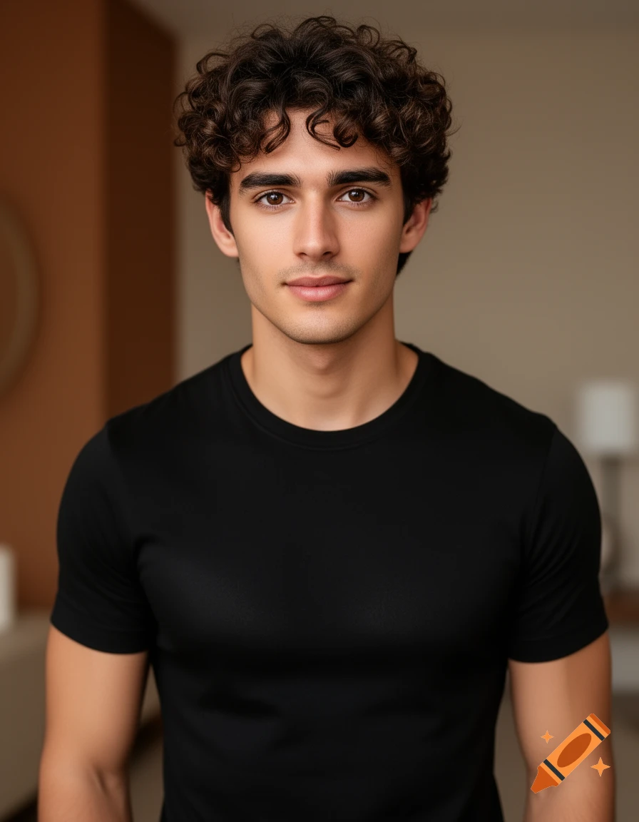 Photorealistic portrait of a young man with curly brown hair and brown eyes, wearing a black t-shirt.