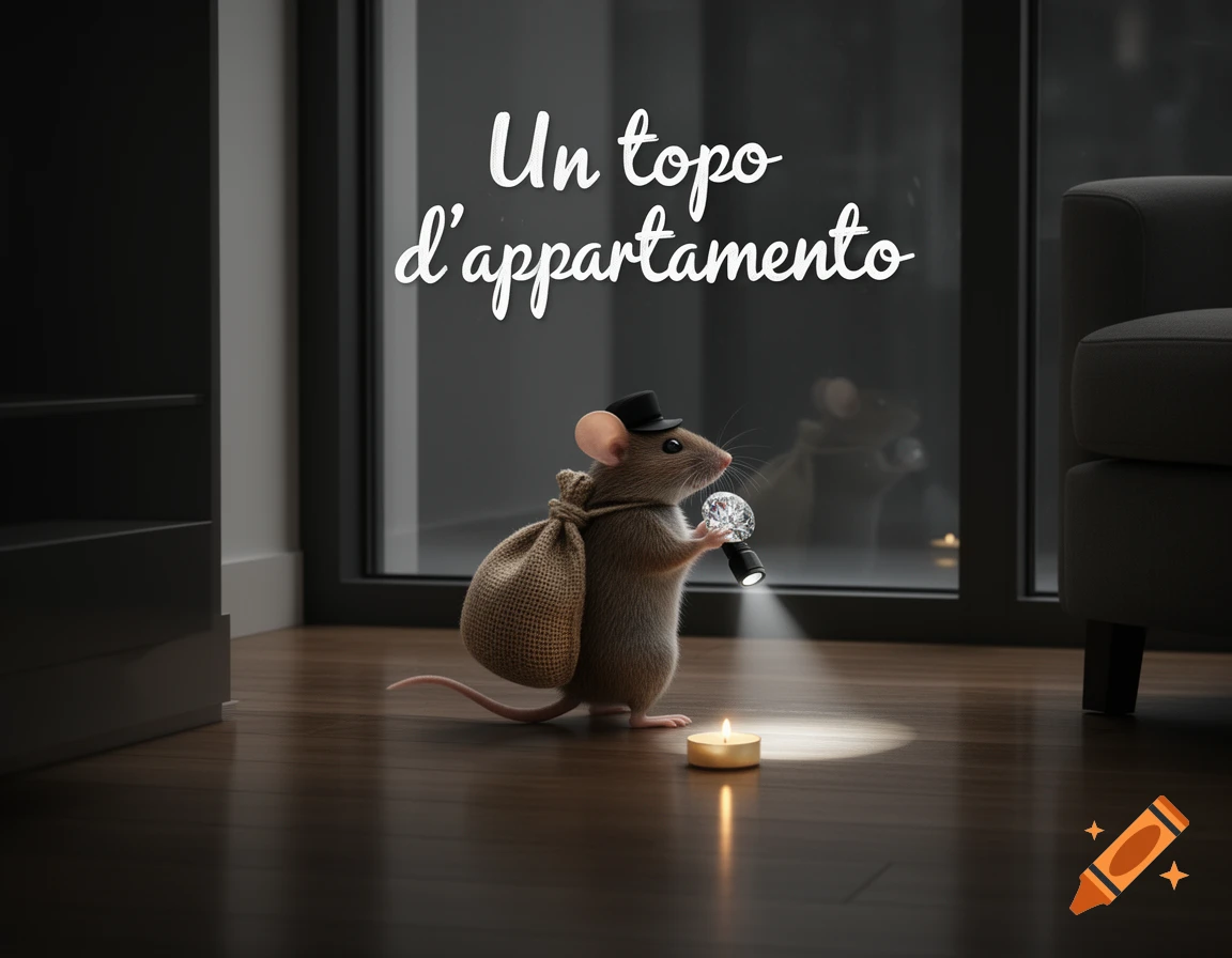 A whimsical mouse burglar holds a diamond and flashlight in a dark apartment, with 'Un topo d'appartamento' text.