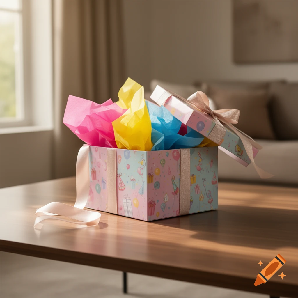 An open birthday gift box with pink, yellow, and blue tissue paper, and ribbons on a wooden table.
