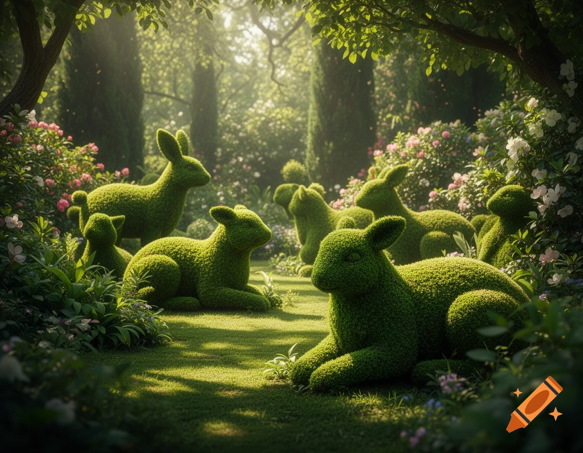A lush garden with several green topiary sculptures resembling rabbits and other small animals, bathed in dappled sunlight.