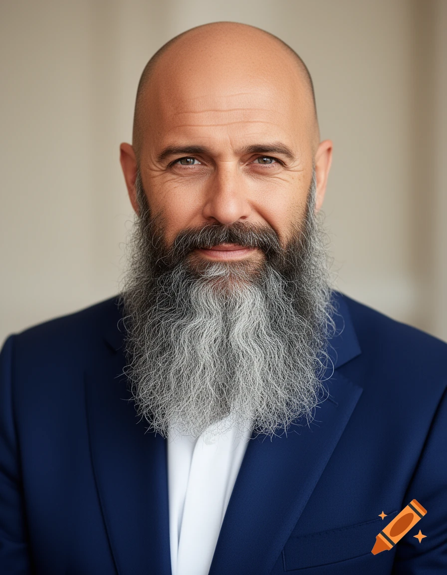 Photorealistic portrait of a bald man with a long, salt-and-pepper beard, wearing a blue suit and white shirt.